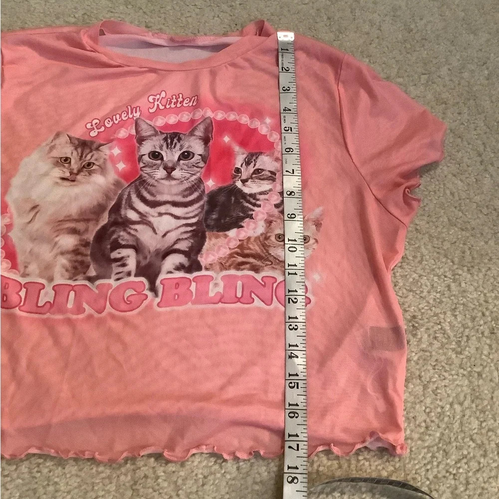 Shein Curve Romwe Pink Sheer Ruffle Edge BabyDoll Crop Kitten Cats Shirt 1X plus